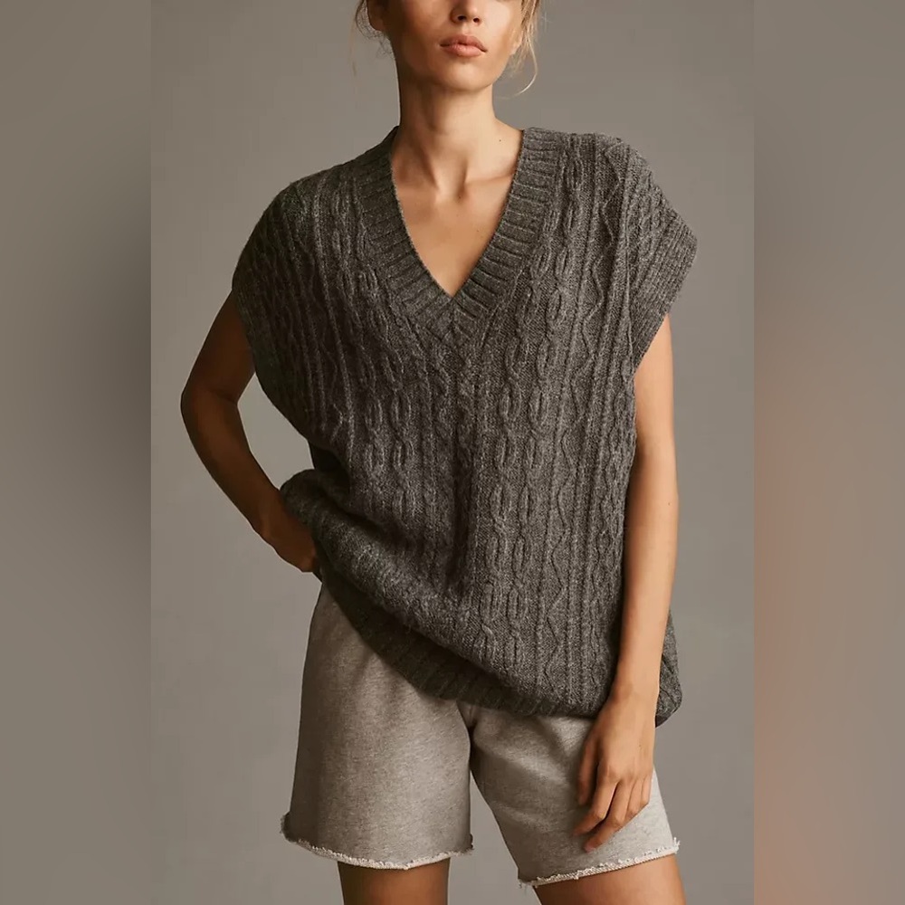 NWT Anthropologie Oversized Cable-knit Sweater Vest XS, Gray